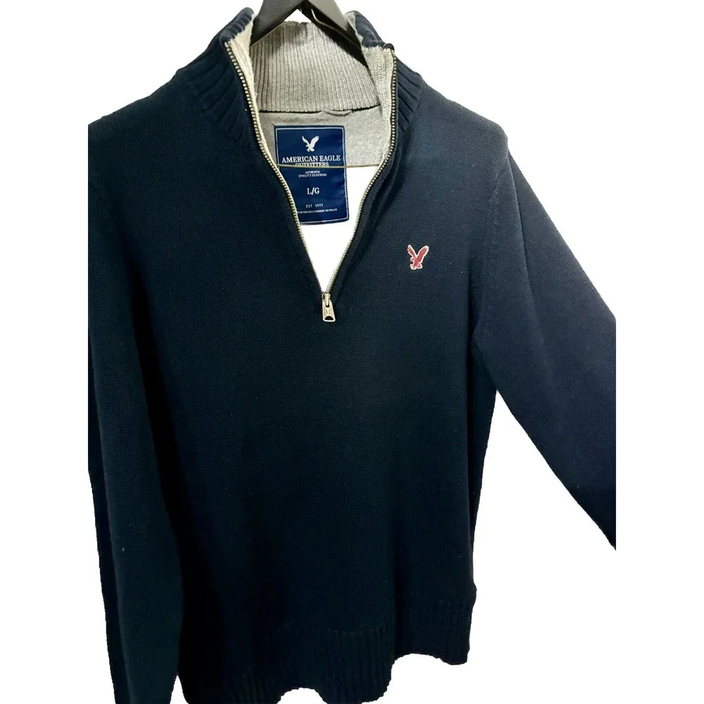 Y2K American Eagle Sweater Men L Blue 1/4 Zip Knit Pullover Wool Blend Preppy